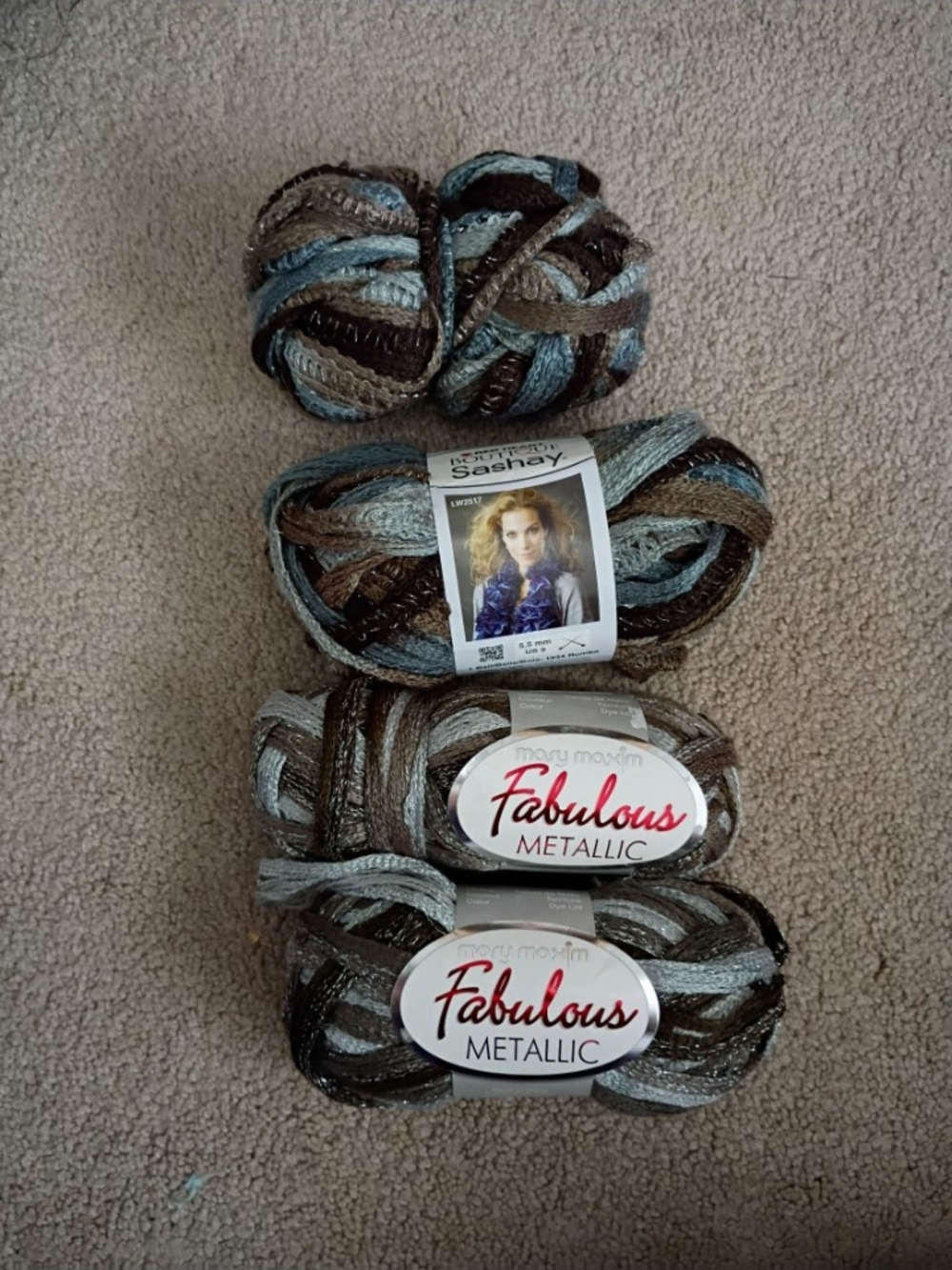 Fabulous Metallic Sashay Decorative Ribbon Yarn - Blue, Brown, Silver